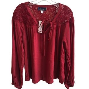 Blue Rain Red Lace Trim Tie Neck Blouse NWT Misses size M